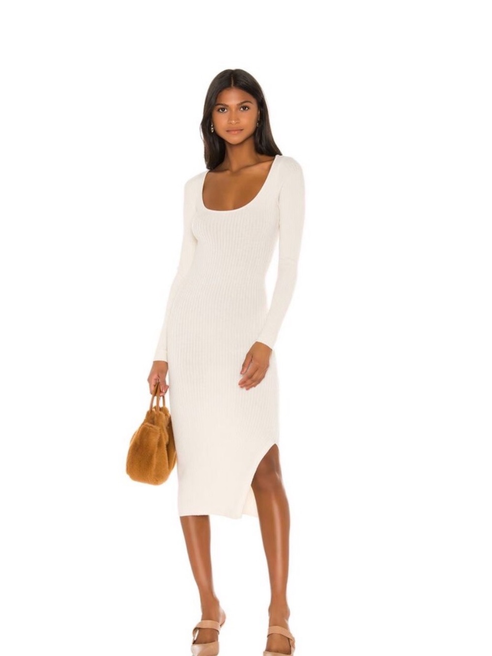 L'Academie Cream Ribbed Scoop-Neck Long Sleeve Midi Dress
